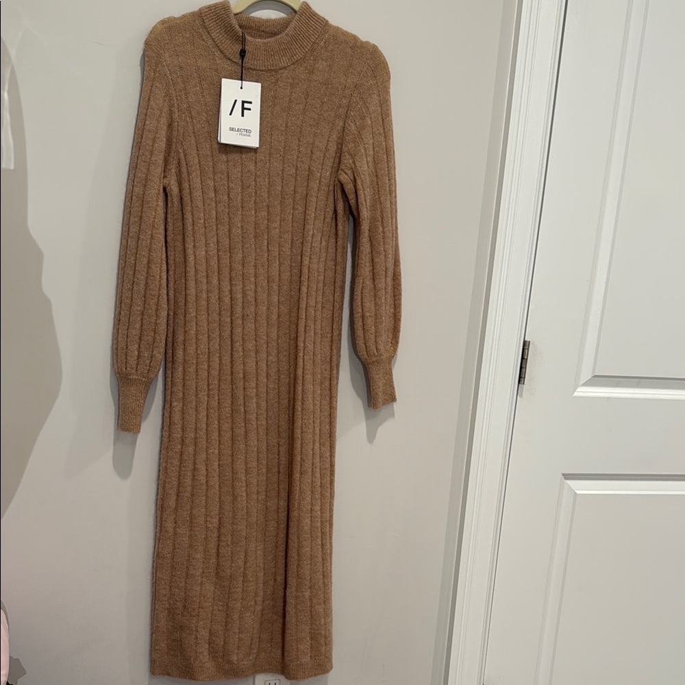 Tan Ribbed Knit Sweater Dress